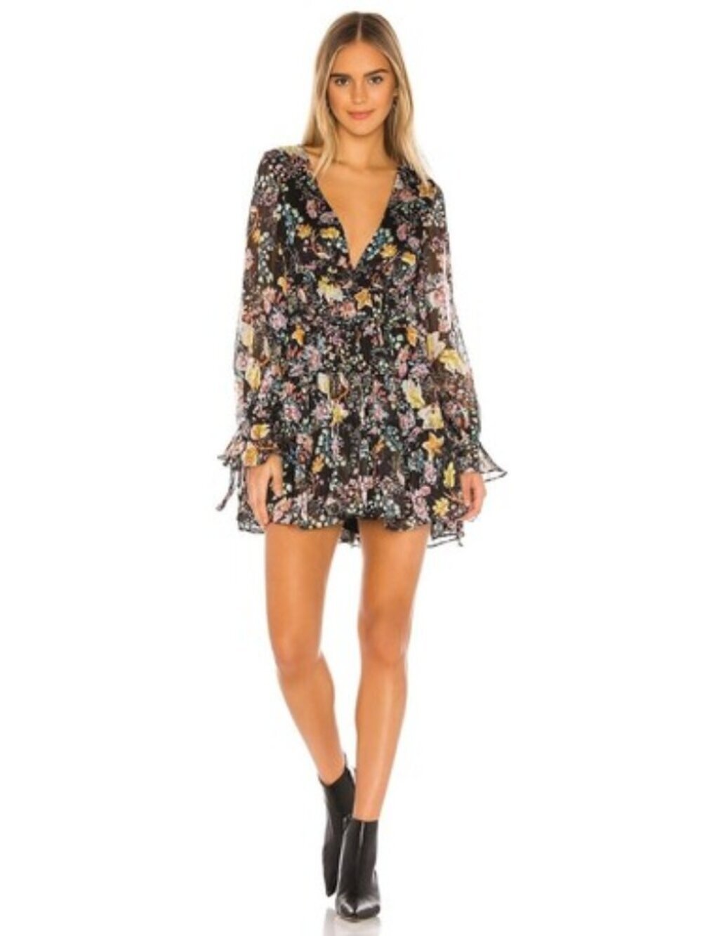 Free People Closer To The Heart Mini Dress Floral Tiered Ruffle Black NWT Small